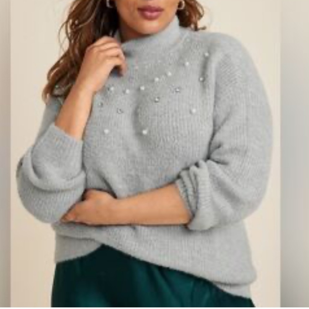 MAURICES Cowl Neck Beaded Pullover Sweater Cozy Soft Fuzzy Gray Size 3X